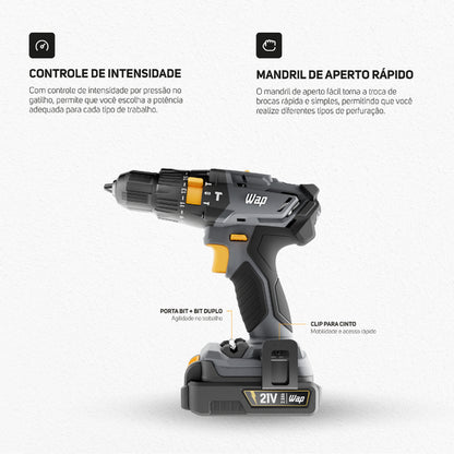 Furadeira e Parafusadeira de Impacto Wap K21 ID01 a Bateria 21V 3/8" com Maleta, Carregador e Bateria