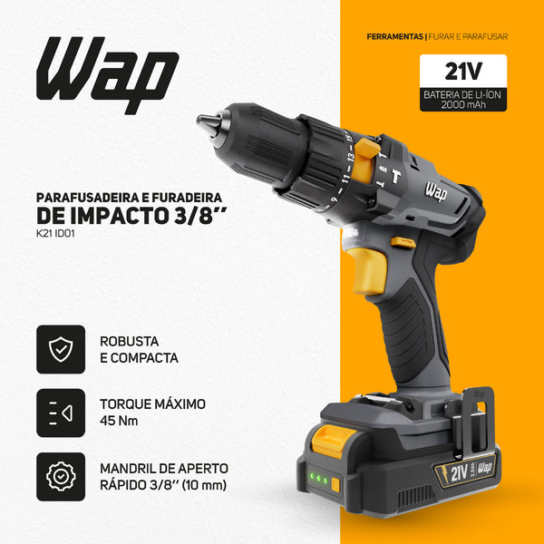 Furadeira e Parafusadeira de Impacto Wap K21 ID01 a Bateria 21V 3/8" com Maleta, Carregador e Bateria
