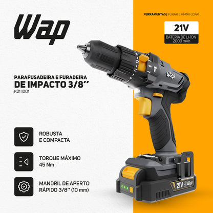 Furadeira e Parafusadeira de Impacto Wap K21 ID01 a Bateria 21V 3/8" com Maleta, Carregador e Bateria