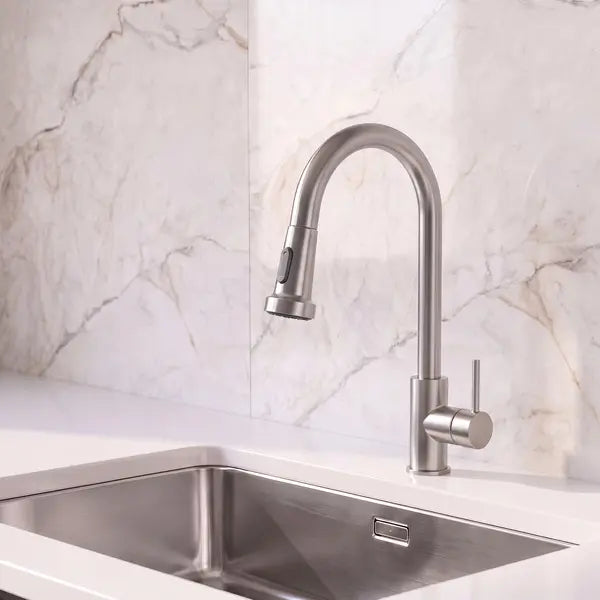 Torneira Monocomando de Pia para Cozinha com Bica Alta Extensível Inox Escovada Econocozi Jiwi